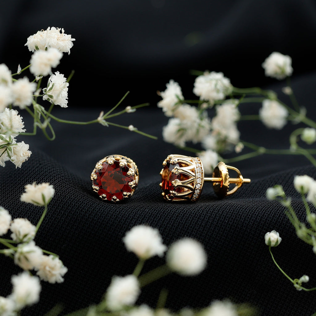Garnet Crown Earrings – 3.4 Carat AAA Quality Yellow Gold Studs with Moissanite