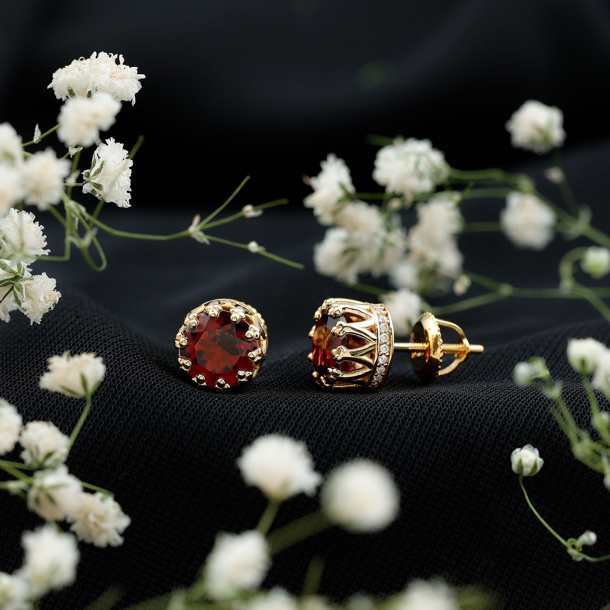 Garnet Crown Earrings – 3.4 Carat AAA Quality Yellow Gold Studs with Moissanite