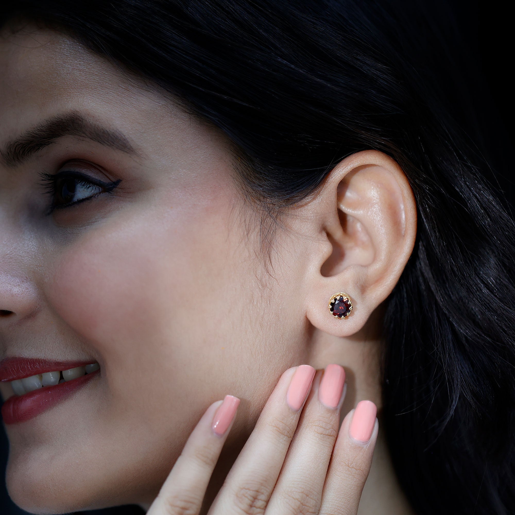 Garnet Crown Earrings – 3.4 Carat AAA Quality Yellow Gold Studs with Moissanite