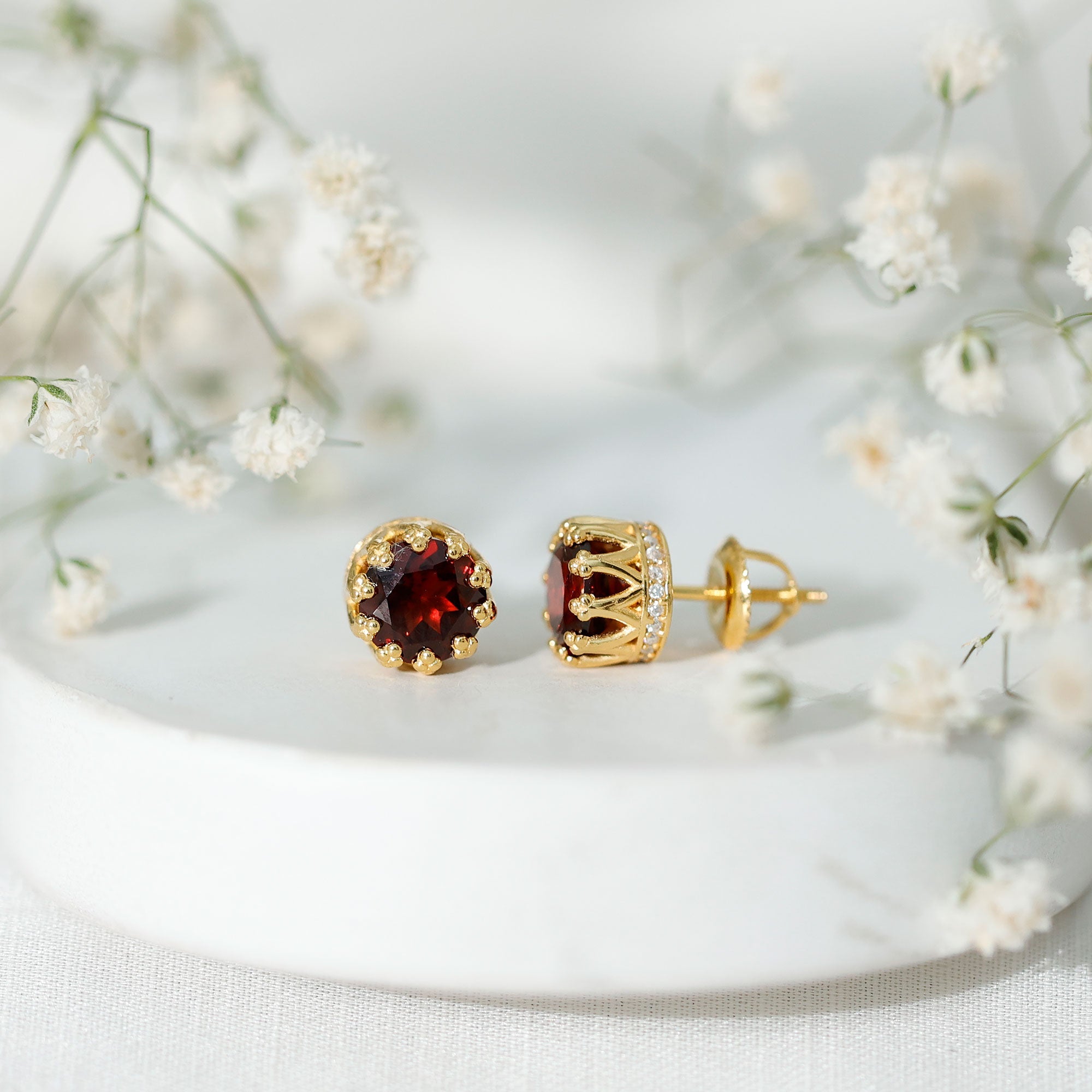 Garnet Crown Earrings – 3.4 Carat AAA Quality Yellow Gold Studs with Moissanite