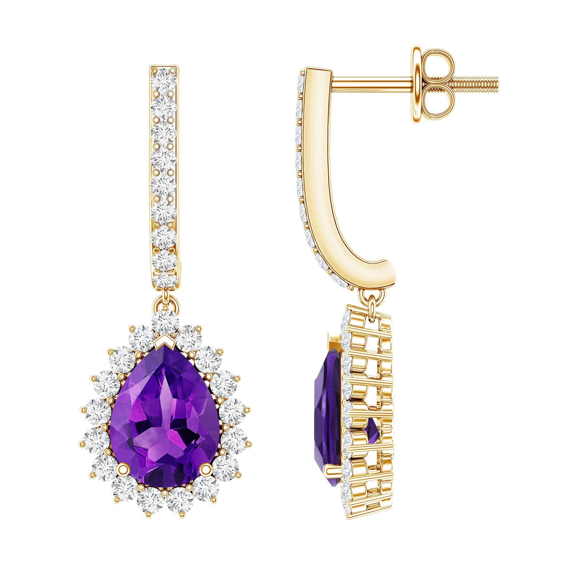Amethyst Bridal Earrings – Pear Shape Diamond Halo with Screw Back Comfort