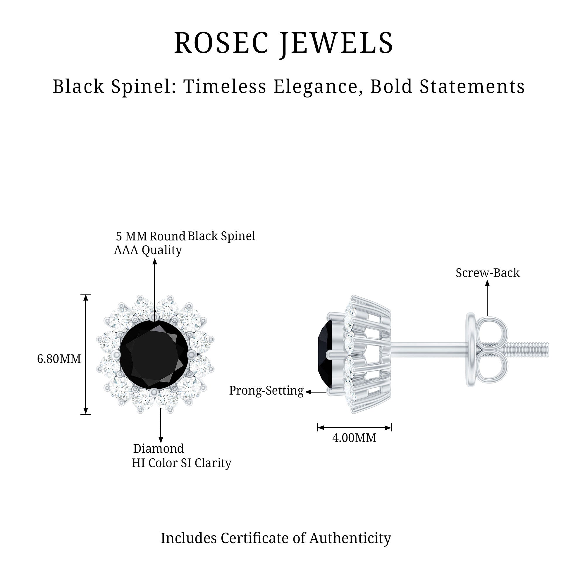 Black Spinel Earrings – Certified Diamond Halo Studs with Screw Back Closure
