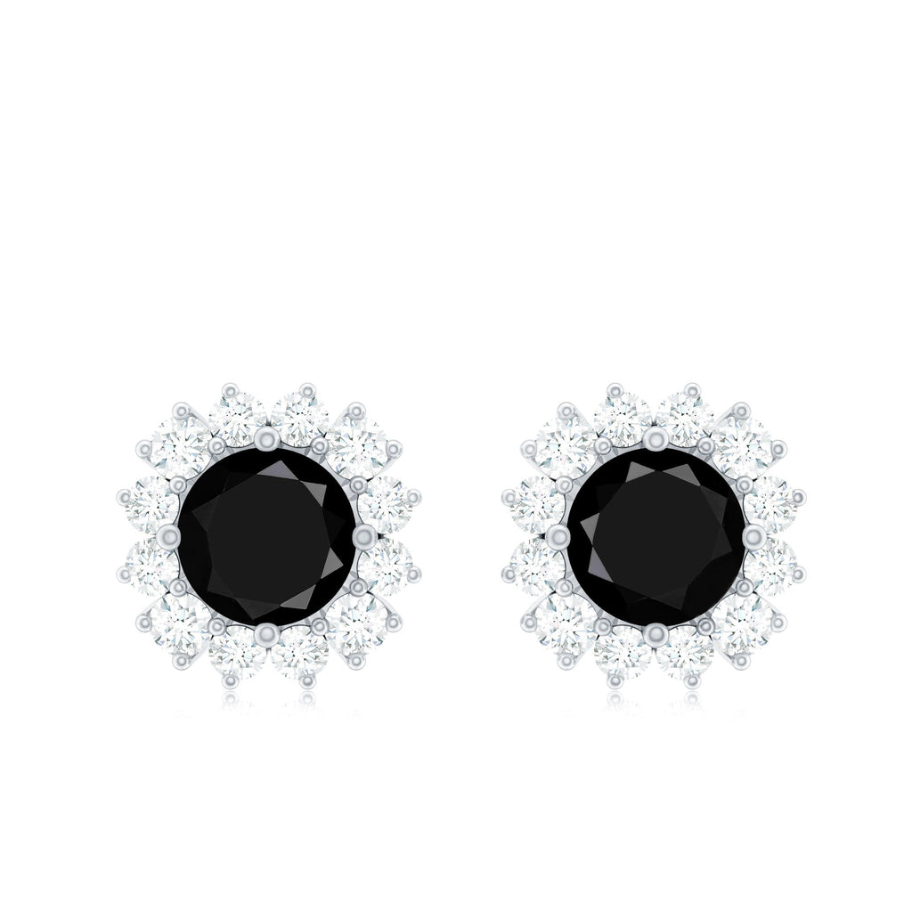Black Spinel Earrings – Certified Diamond Halo Studs with Screw Back Closure