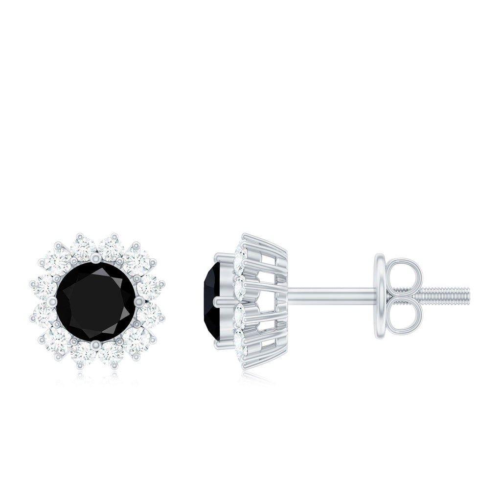 Black Spinel Earrings – Certified Diamond Halo Studs with Screw Back Closure
