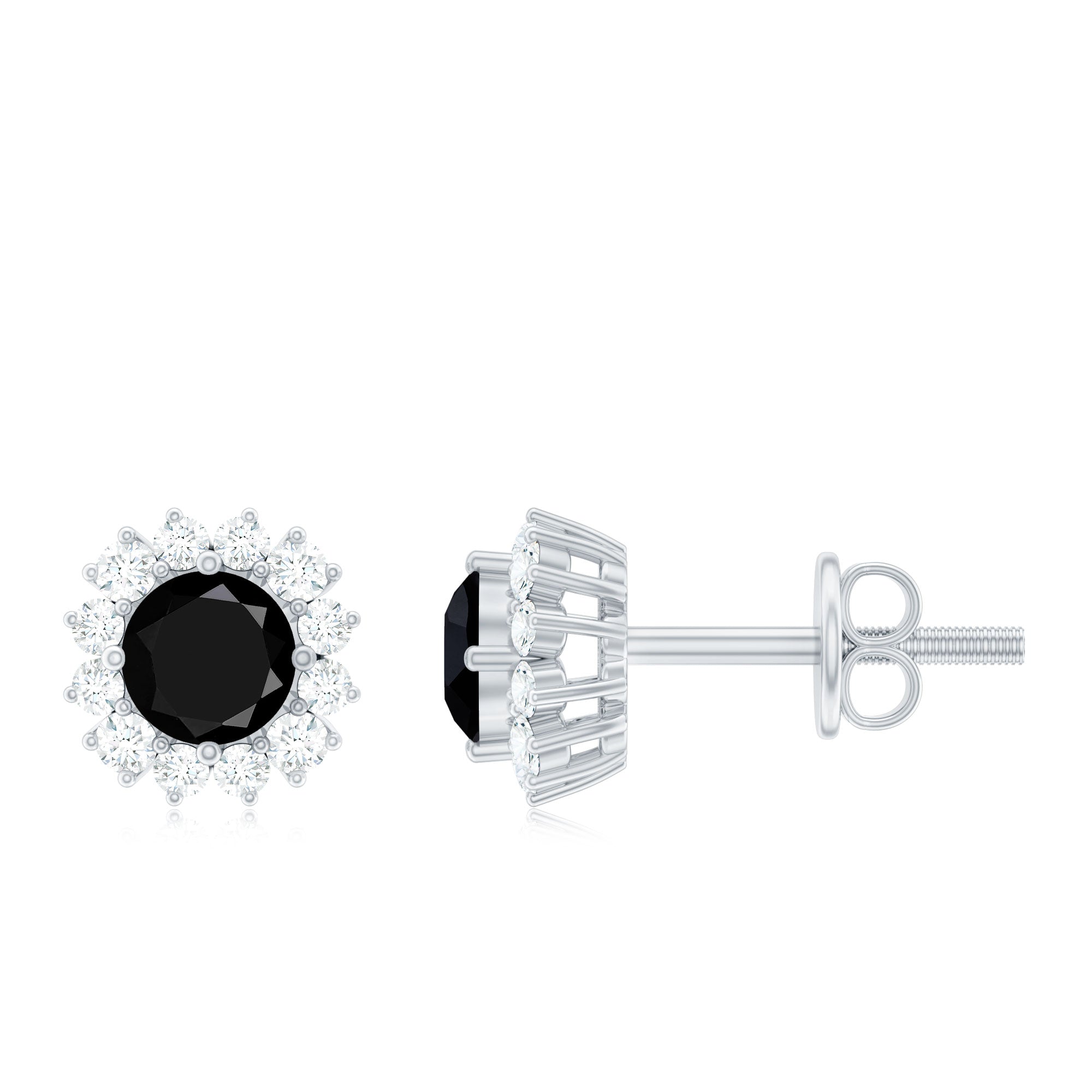 Black Spinel Earrings – Certified Diamond Halo Studs with Screw Back Closure