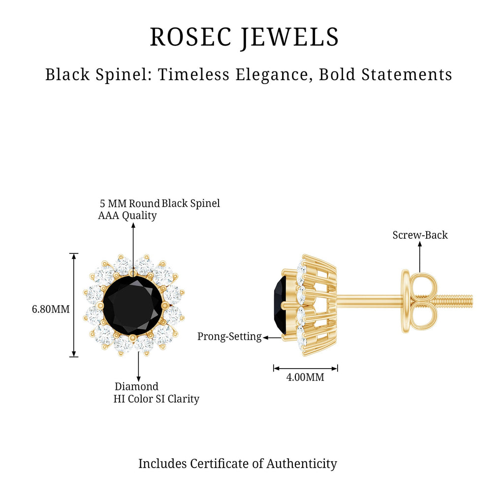 Black Spinel Earrings – Certified Diamond Halo Studs with Screw Back Closure