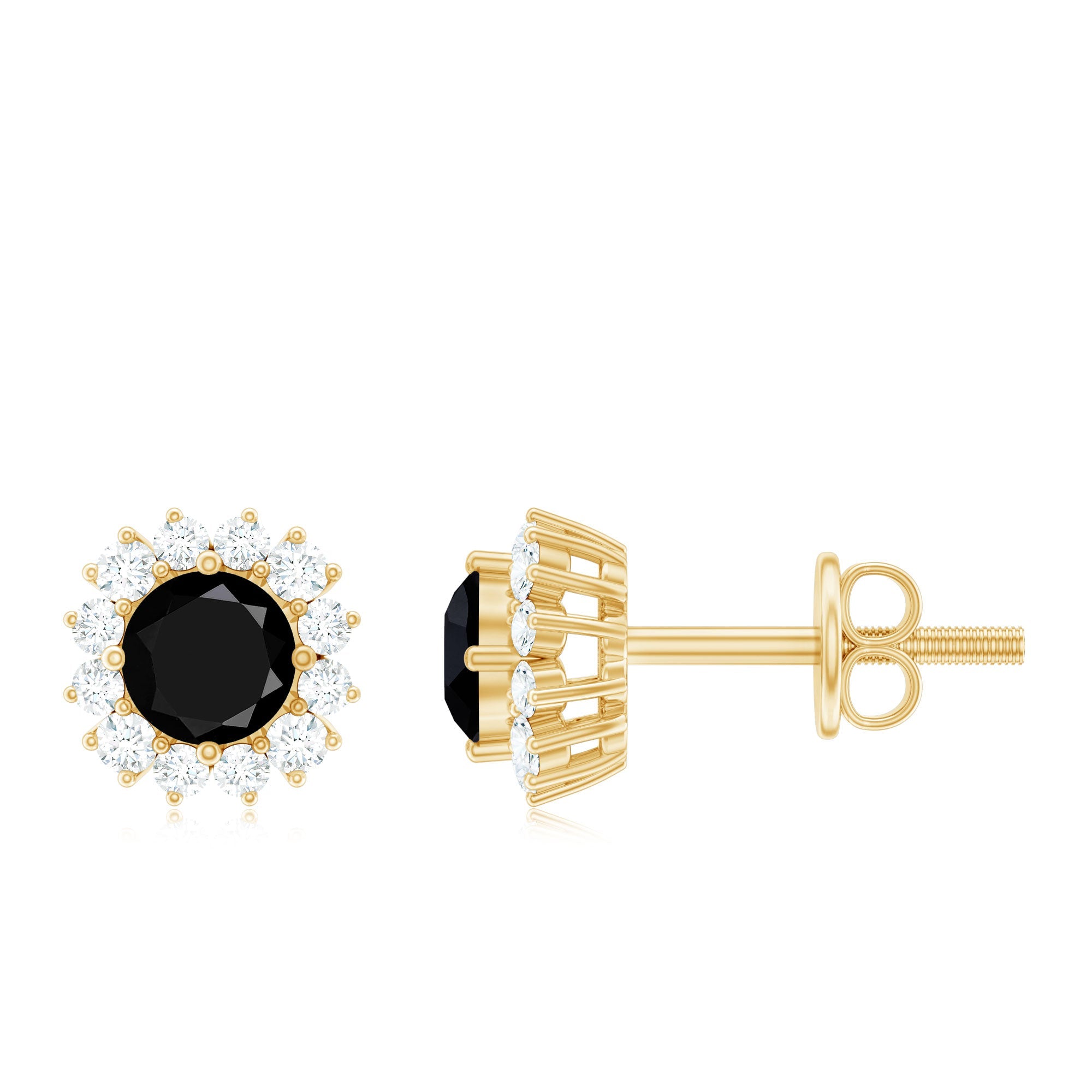 Black Spinel Earrings – Certified Diamond Halo Studs with Screw Back Closure