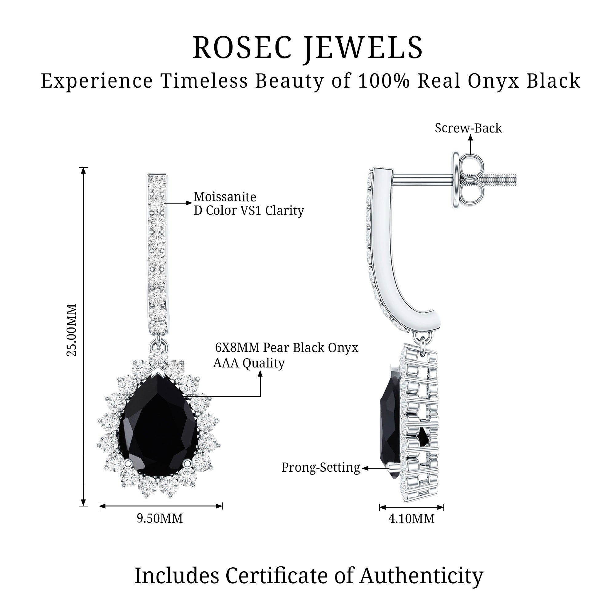 Black Onyx and Moissanite Bridal Teardrop Earrings