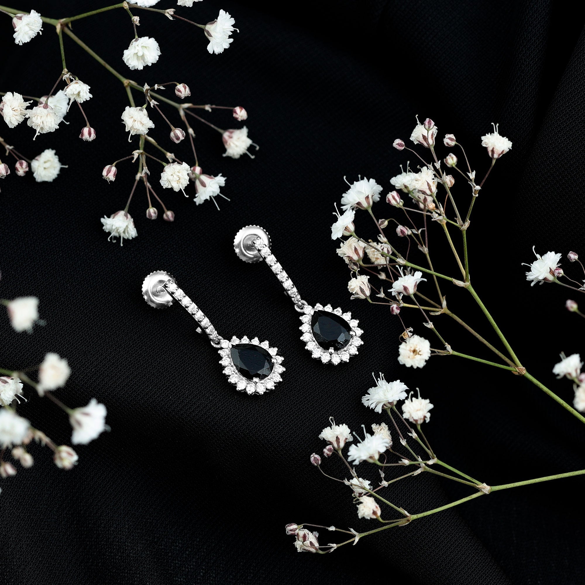 Black Onyx and Moissanite Bridal Teardrop Earrings
