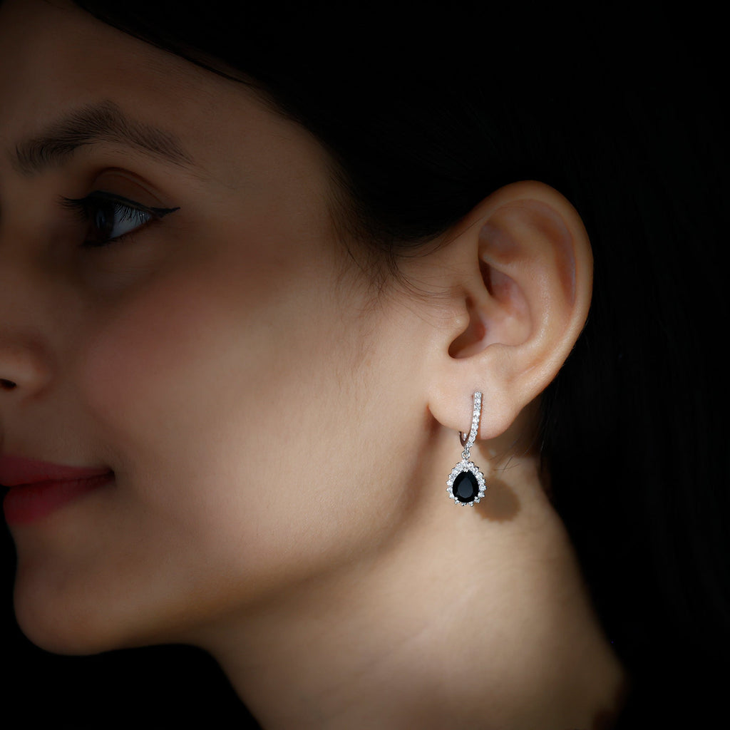 Black Onyx and Moissanite Bridal Teardrop Earrings