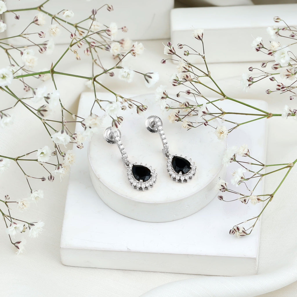 Black Onyx and Moissanite Bridal Teardrop Earrings