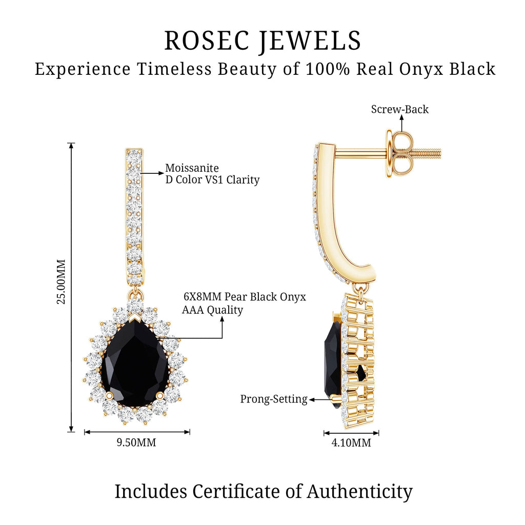 Black Onyx and Moissanite Bridal Teardrop Earrings