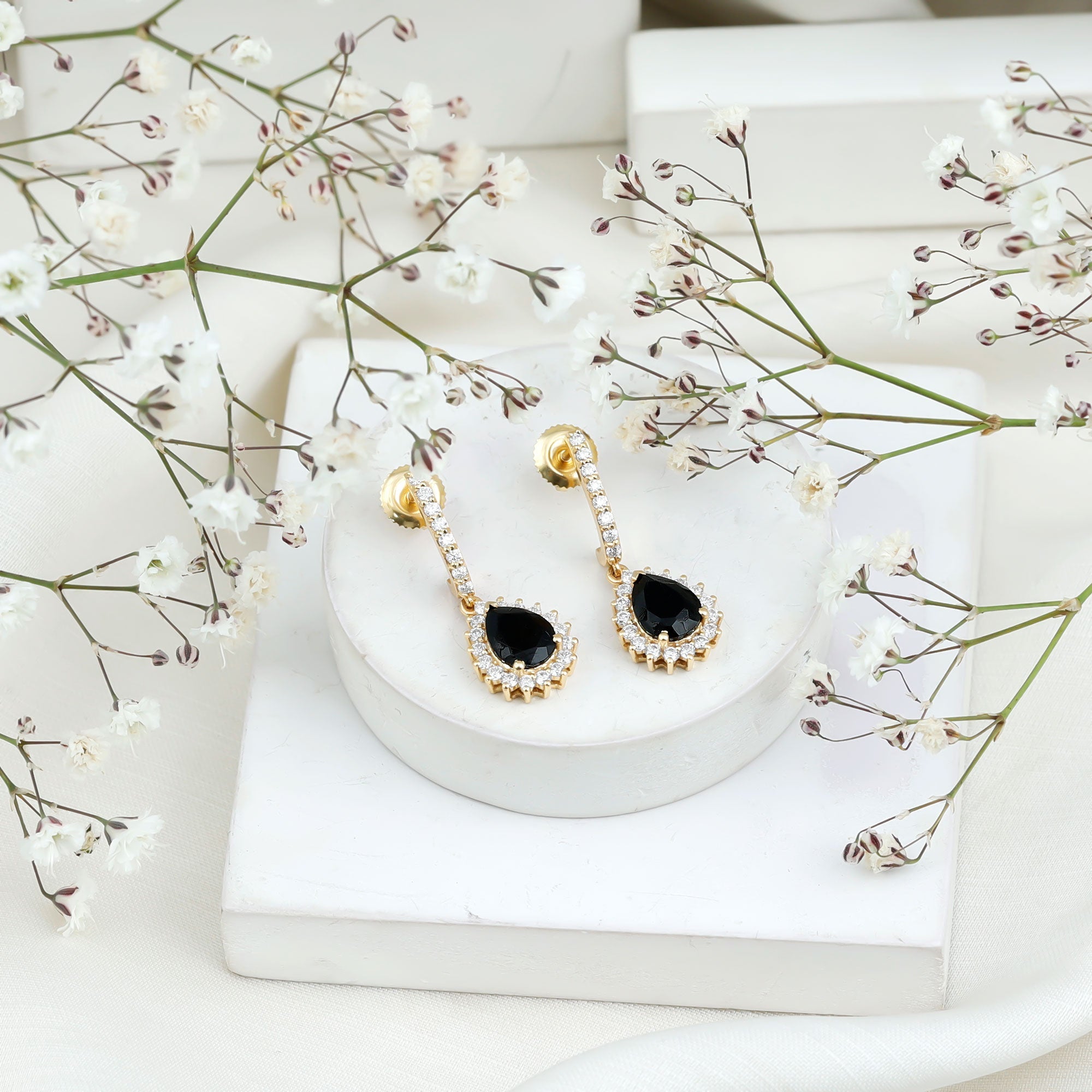 Black Onyx and Moissanite Bridal Teardrop Earrings