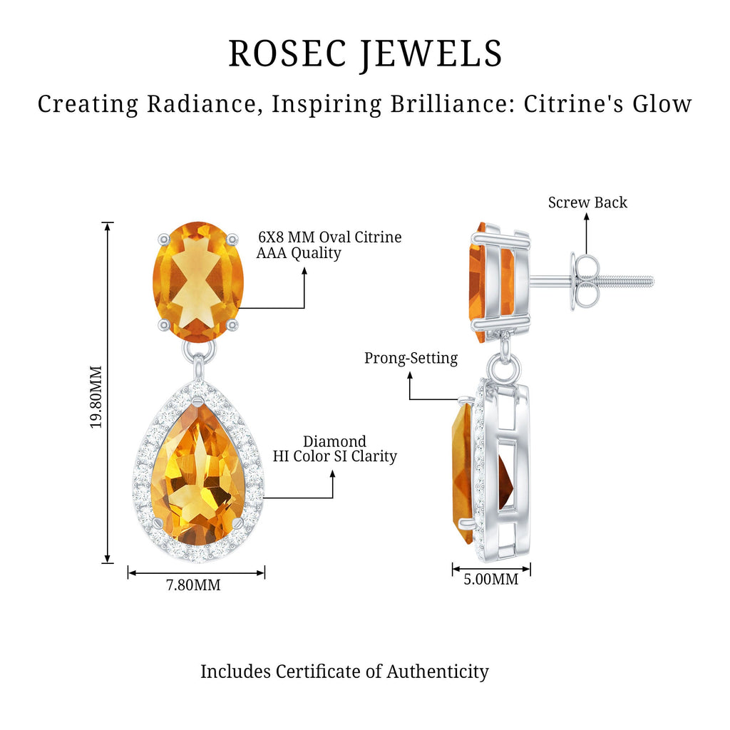 Citrine Teardrop Earrings – AAA Quality Citrine Pear Shaped Drops with Diamond Halo