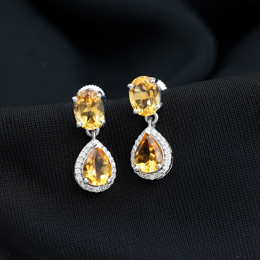 Citrine Teardrop Earrings – AAA Quality Citrine Pear Shaped Drops with Diamond Halo