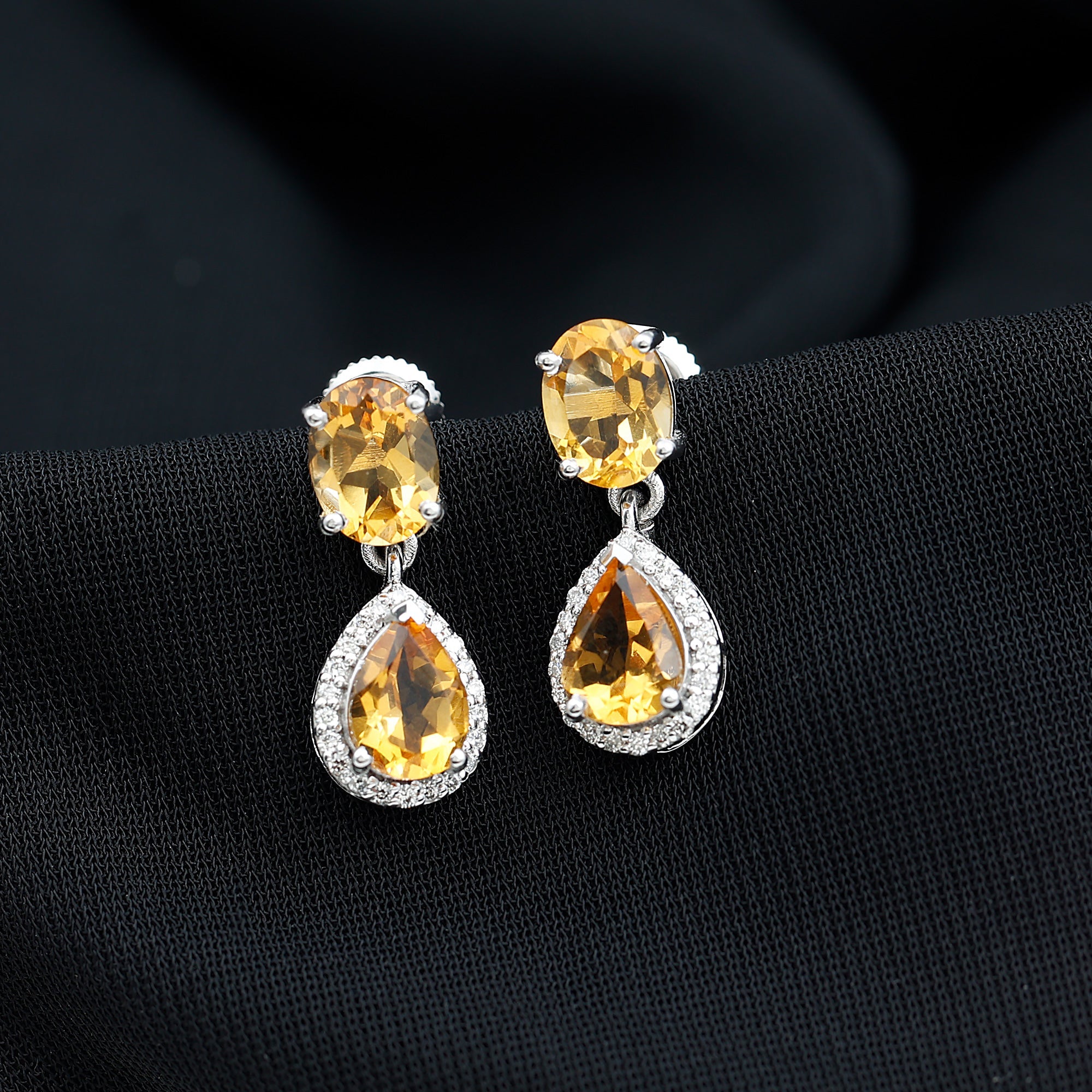 Citrine Teardrop Earrings – AAA Quality Citrine Pear Shaped Drops with Diamond Halo