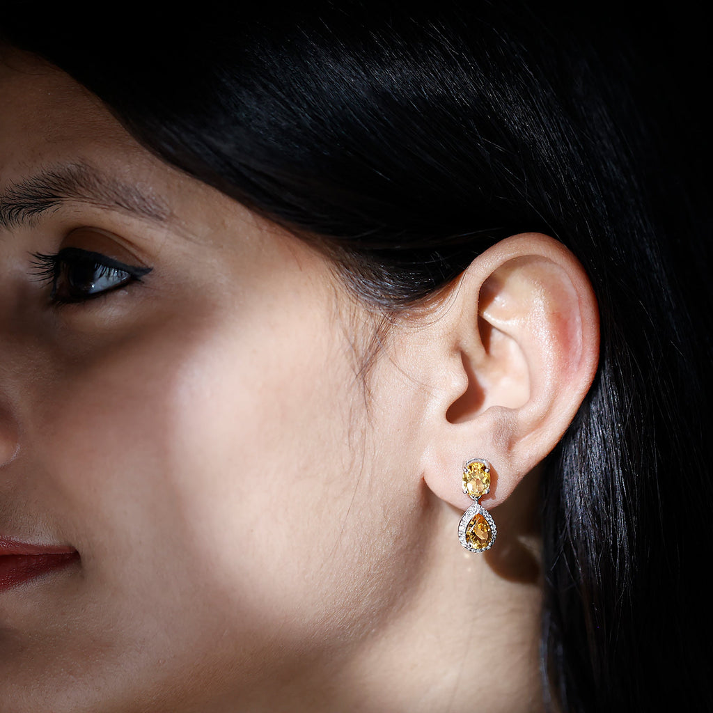 Citrine Teardrop Earrings – AAA Quality Citrine Pear Shaped Drops with Diamond Halo