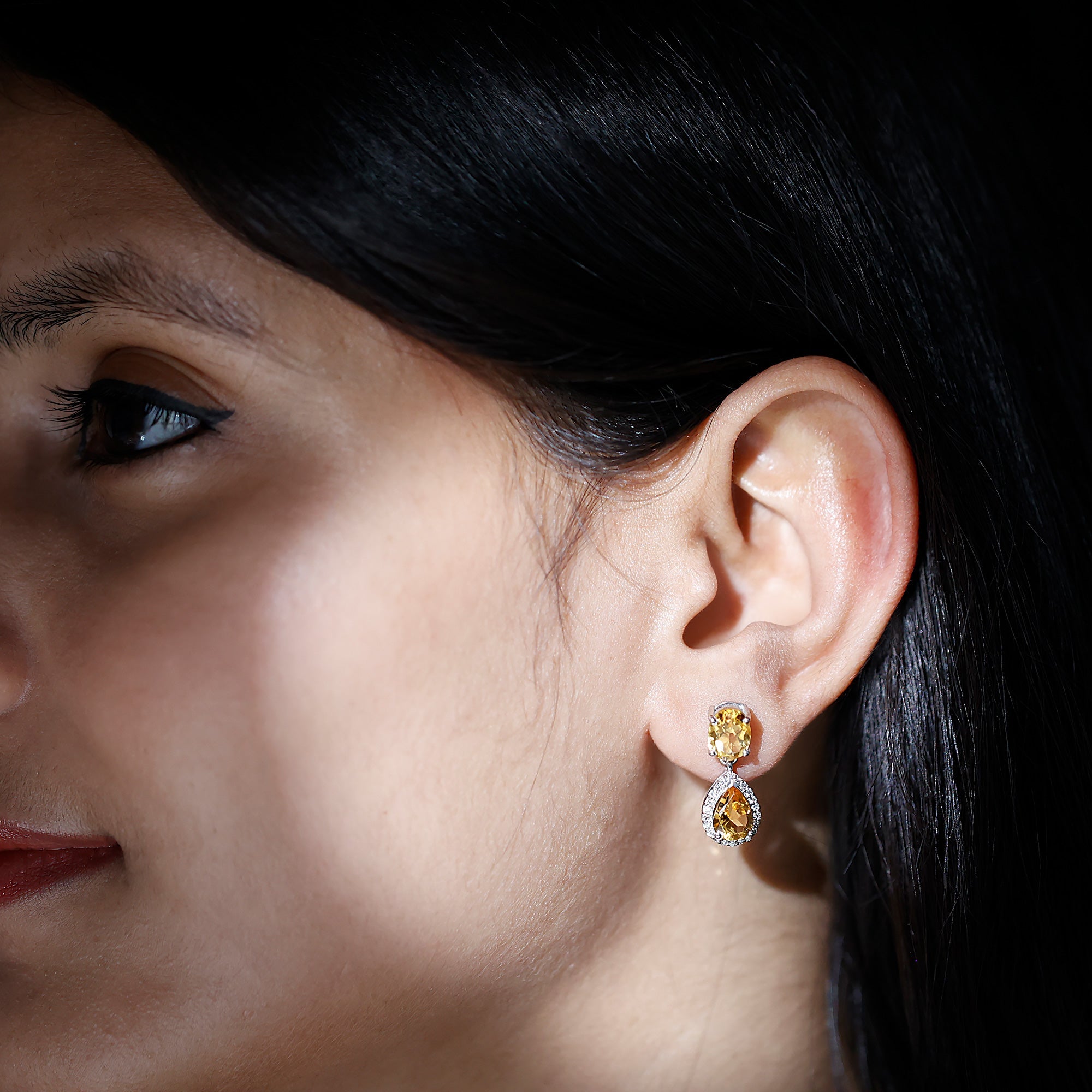 Citrine Teardrop Earrings – AAA Quality Citrine Pear Shaped Drops with Diamond Halo