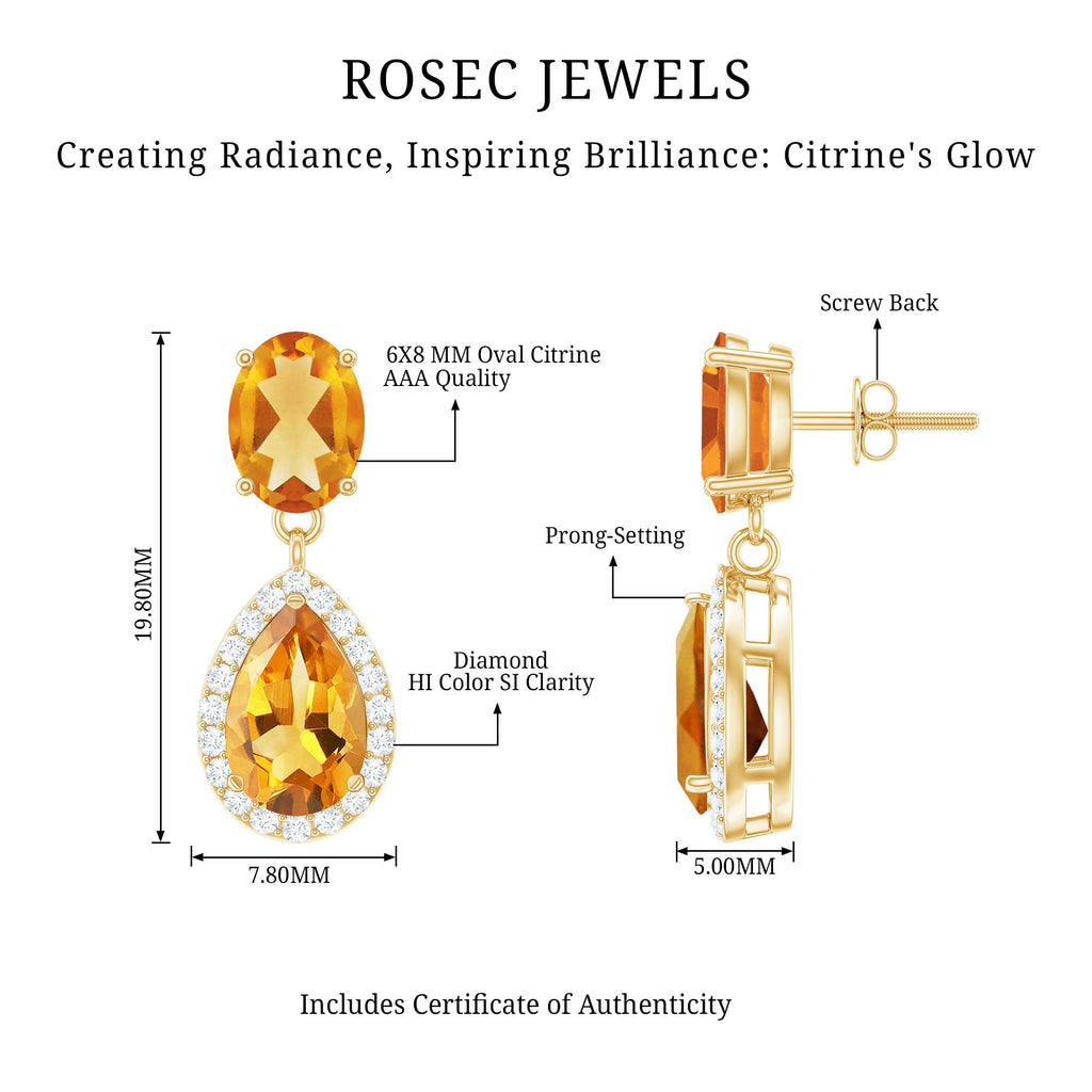 Citrine Teardrop Earrings – AAA Quality Citrine Pear Shaped Drops with Diamond Halo