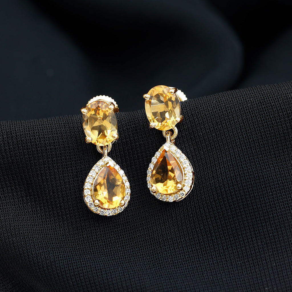 Citrine Teardrop Earrings – AAA Quality Citrine Pear Shaped Drops with Diamond Halo