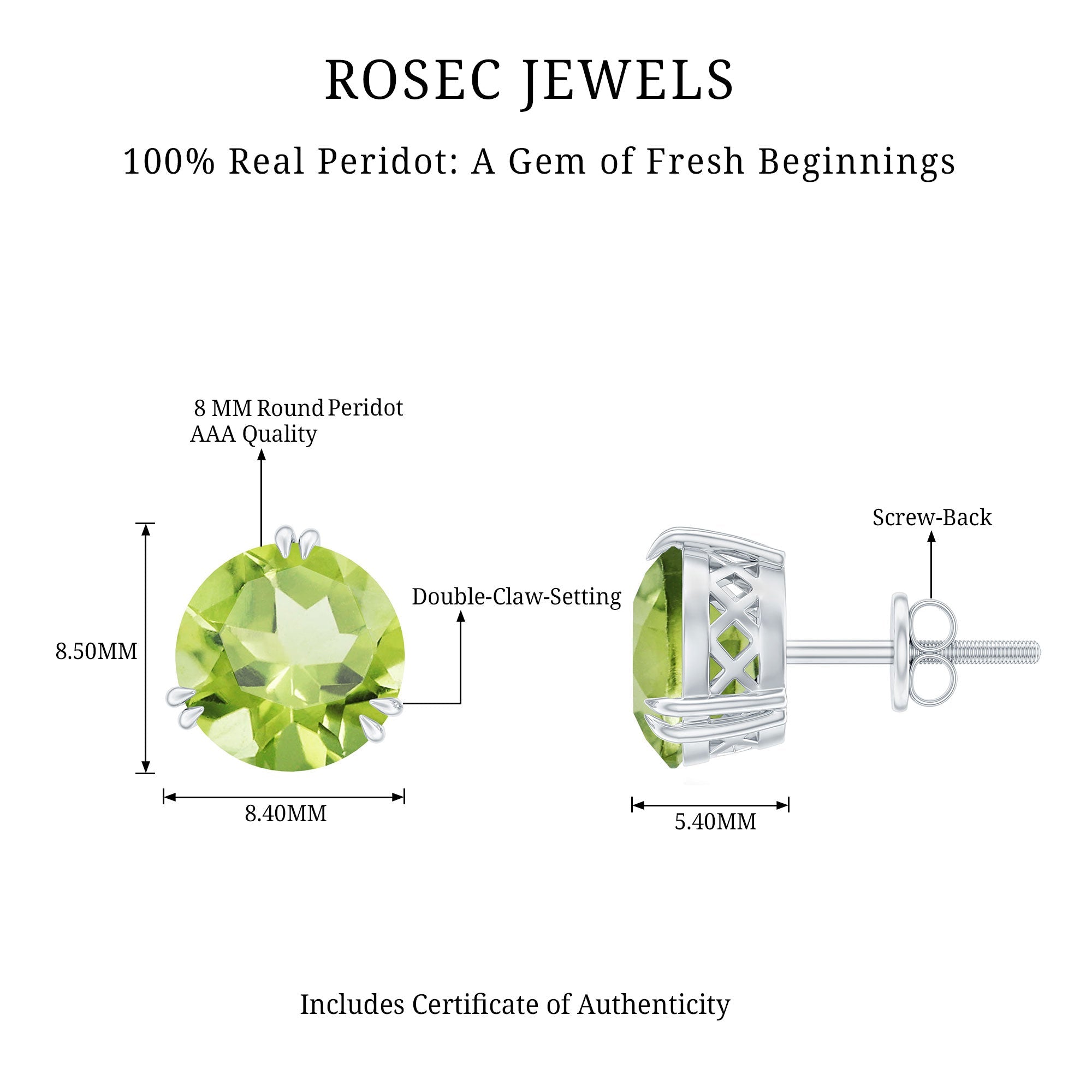 Peridot Stud Earrings – AAA Grade 4 Carat Round Cut Green Gemstone Jewelry
