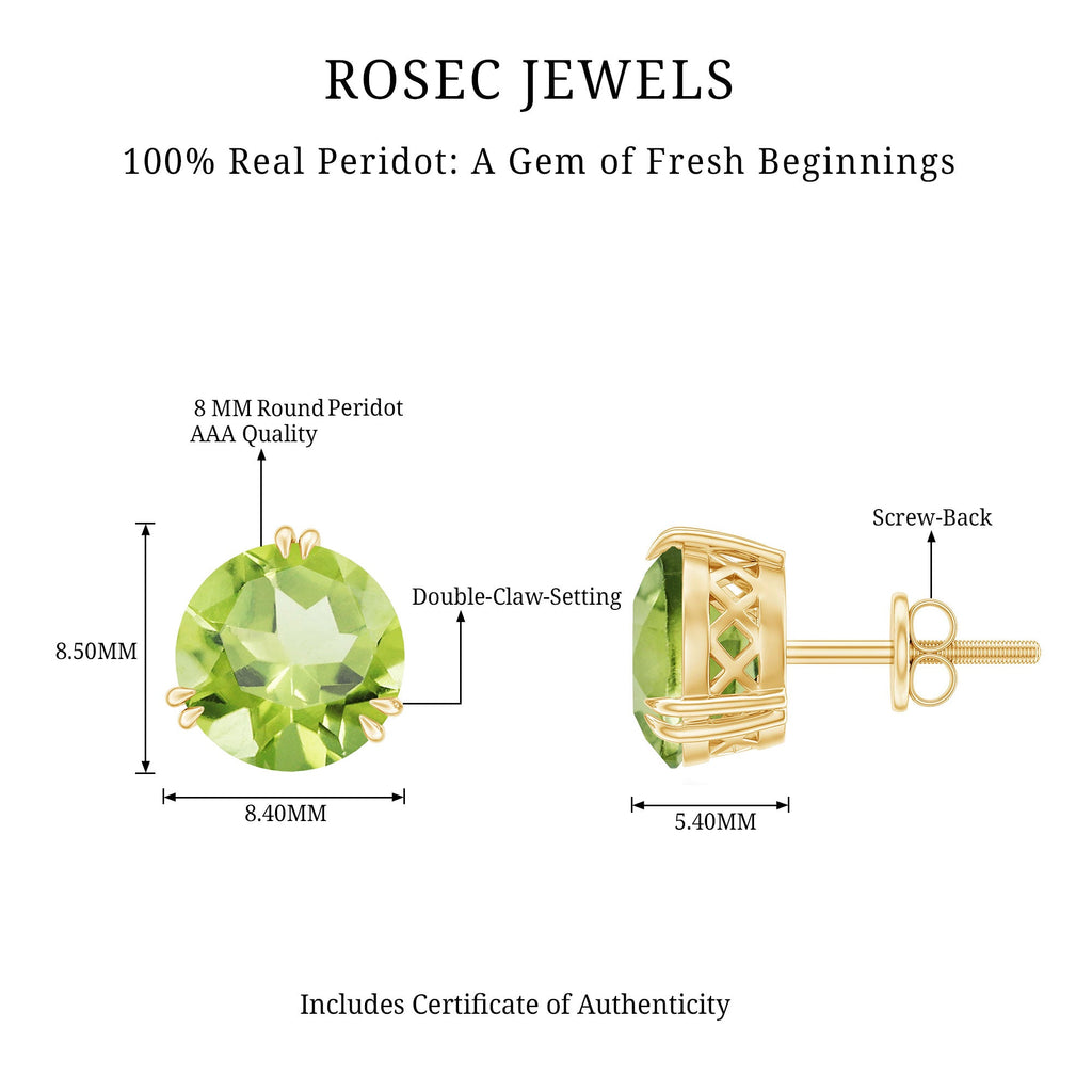 Peridot Stud Earrings – AAA Grade 4 Carat Round Cut Green Gemstone Jewelry