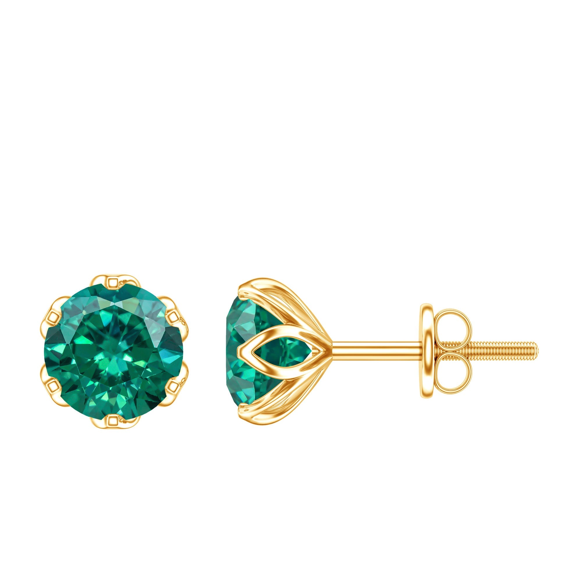 Emerald Stud Earrings – 1.6 Carat Lab Created Solitaire Emeralds in Lotus Basket Setting