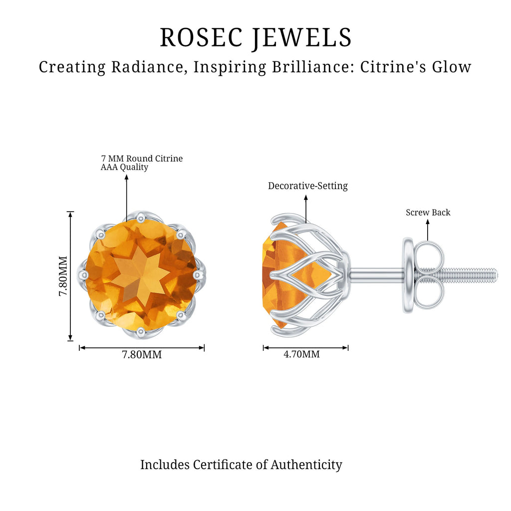 Citrine Stud Earrings – 7mm Round Cut Yellow Gemstone Studs with Screw Back Closure