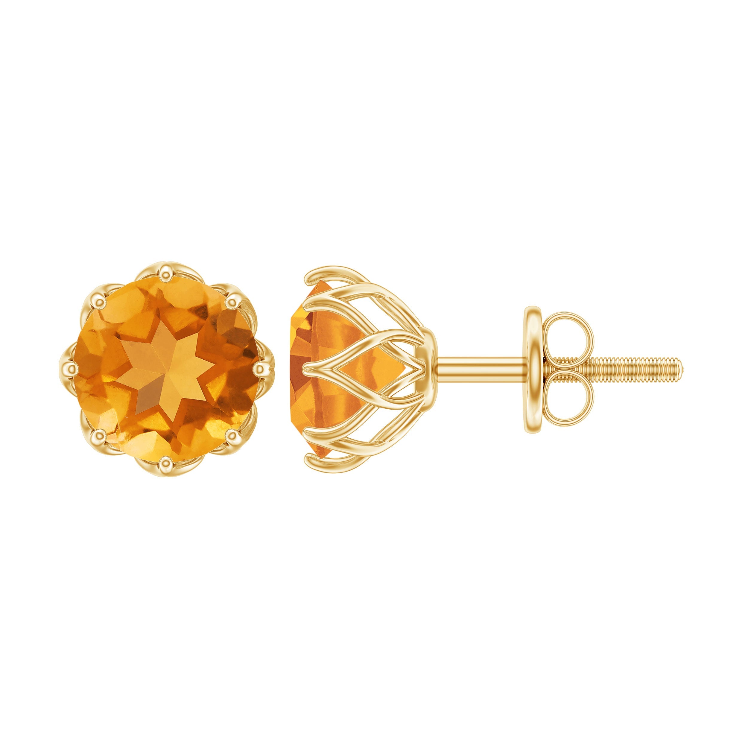 Citrine Stud Earrings – 7mm Round Cut Yellow Gemstone Studs with Screw Back Closure