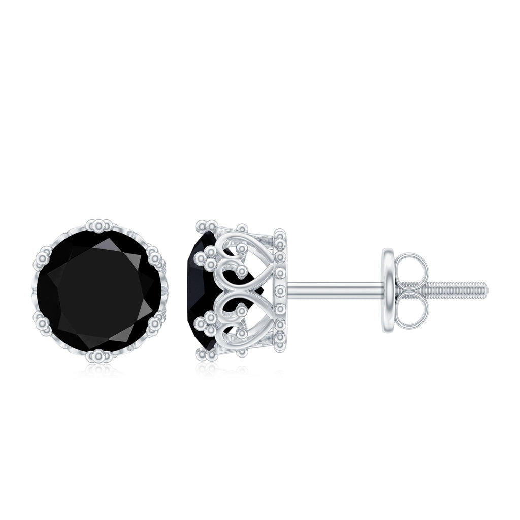 Black Onyx Stud Earrings – Genuine Round Stone Crown Setting with Screw Back Closure