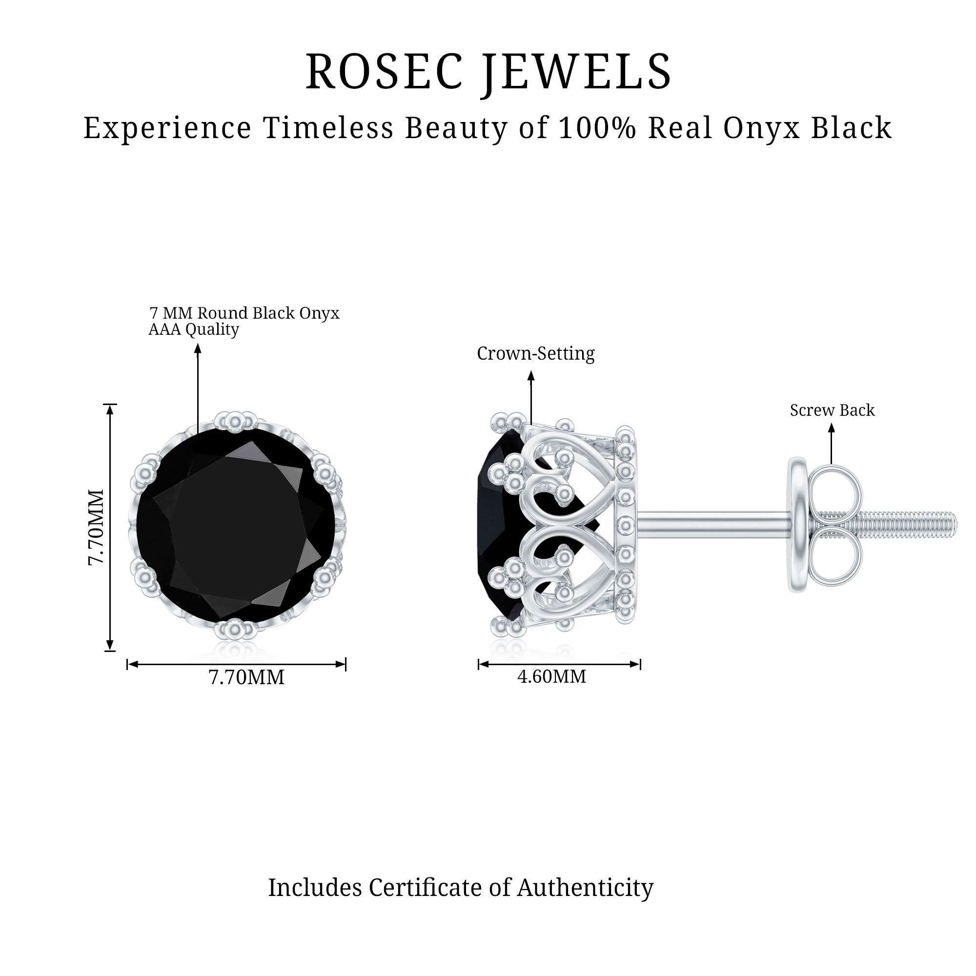 Black Onyx Stud Earrings – Genuine Round Stone Crown Setting with Screw Back Closure