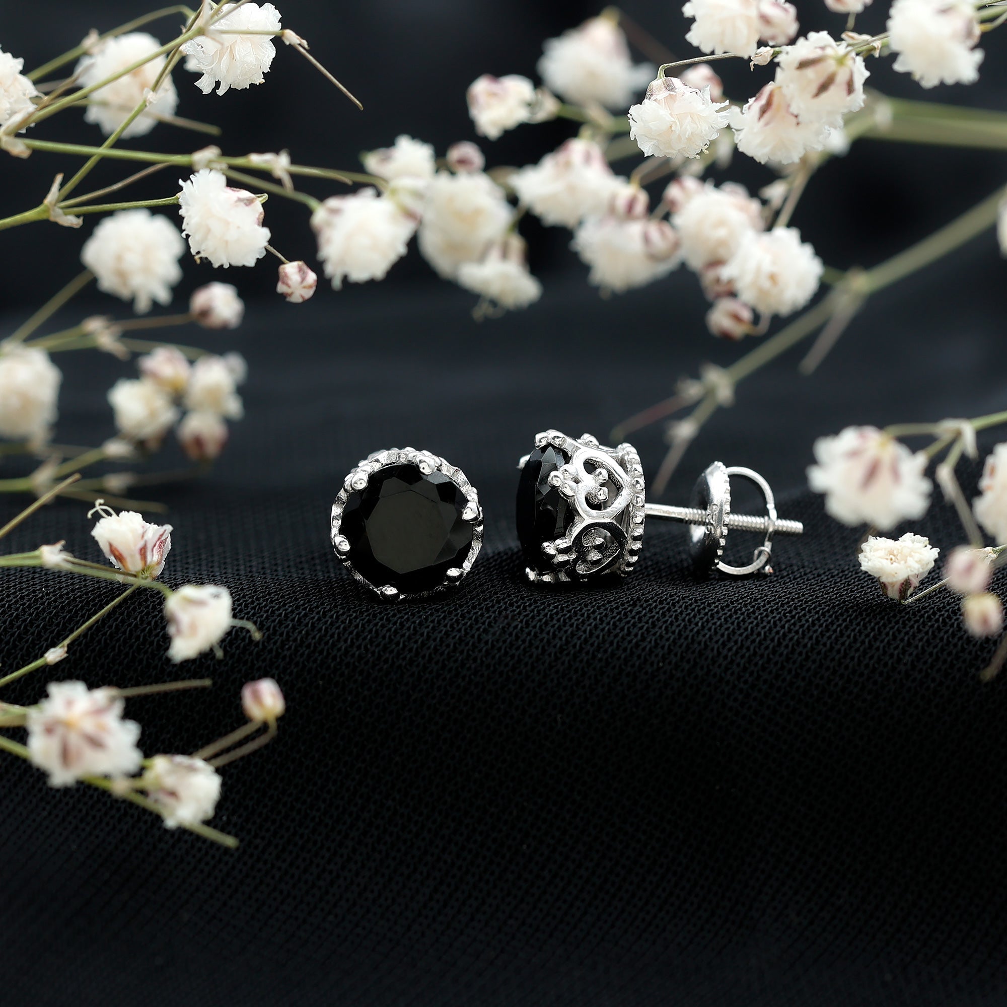Black Onyx Stud Earrings – Genuine Round Stone Crown Setting with Screw Back Closure