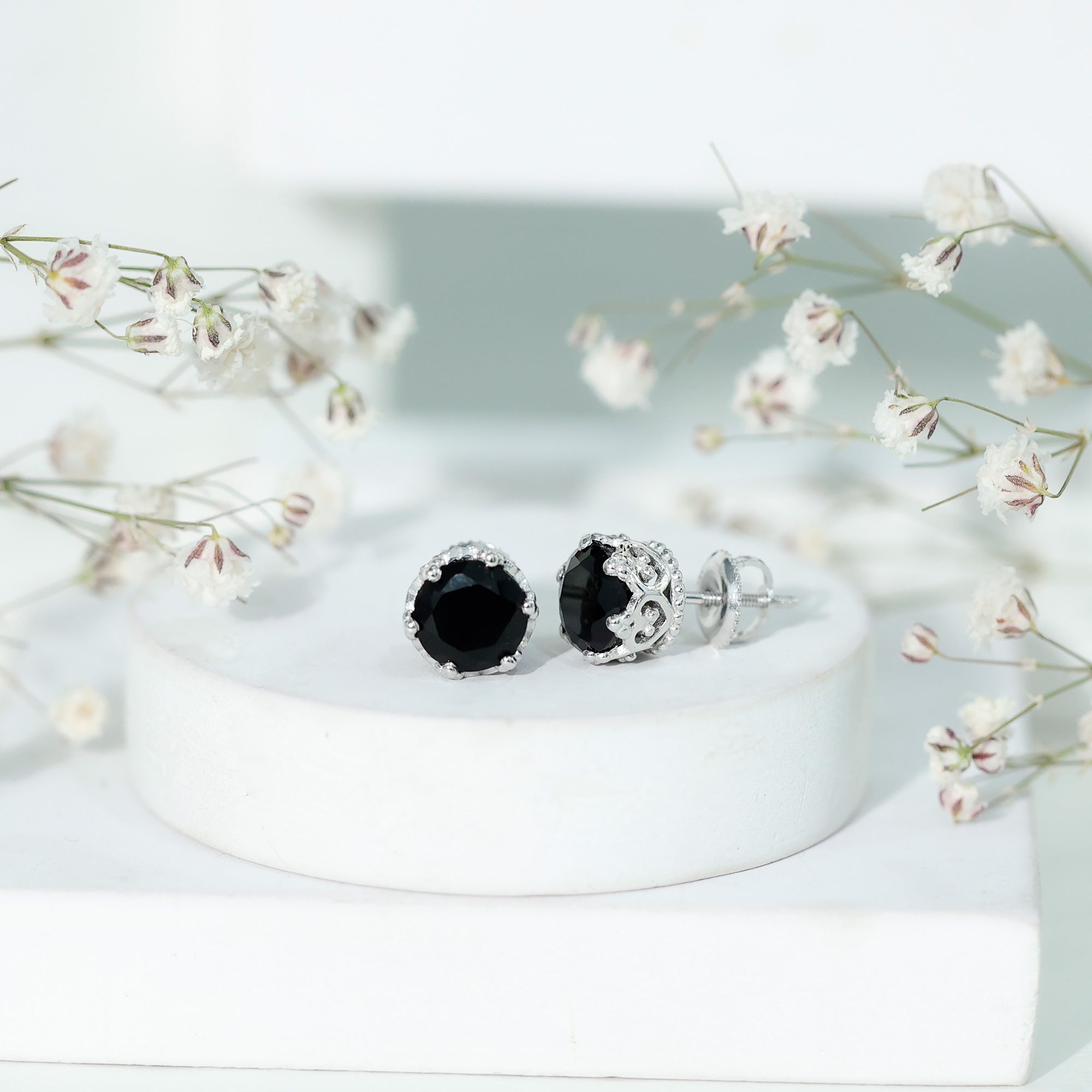 Black Onyx Stud Earrings – Genuine Round Stone Crown Setting with Screw Back Closure
