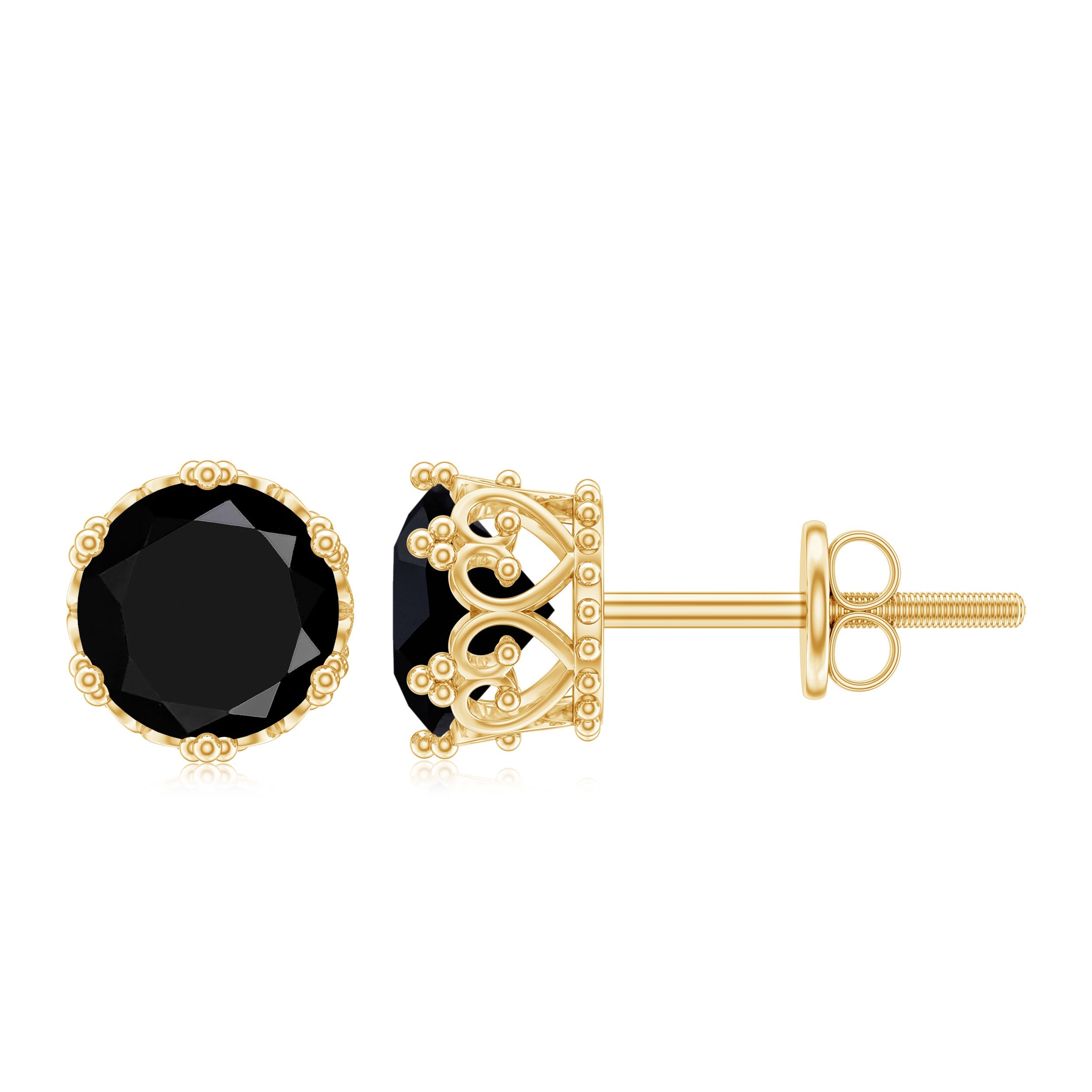 Black Onyx Stud Earrings – Genuine Round Stone Crown Setting with Screw Back Closure