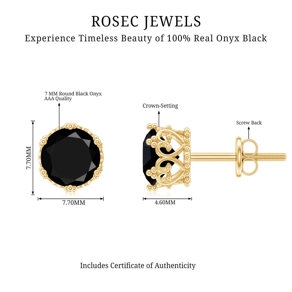 Black Onyx Stud Earrings – Genuine Round Stone Crown Setting with Screw Back Closure