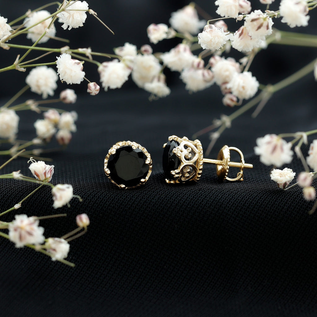 Black Onyx Stud Earrings – Genuine Round Stone Crown Setting with Screw Back Closure