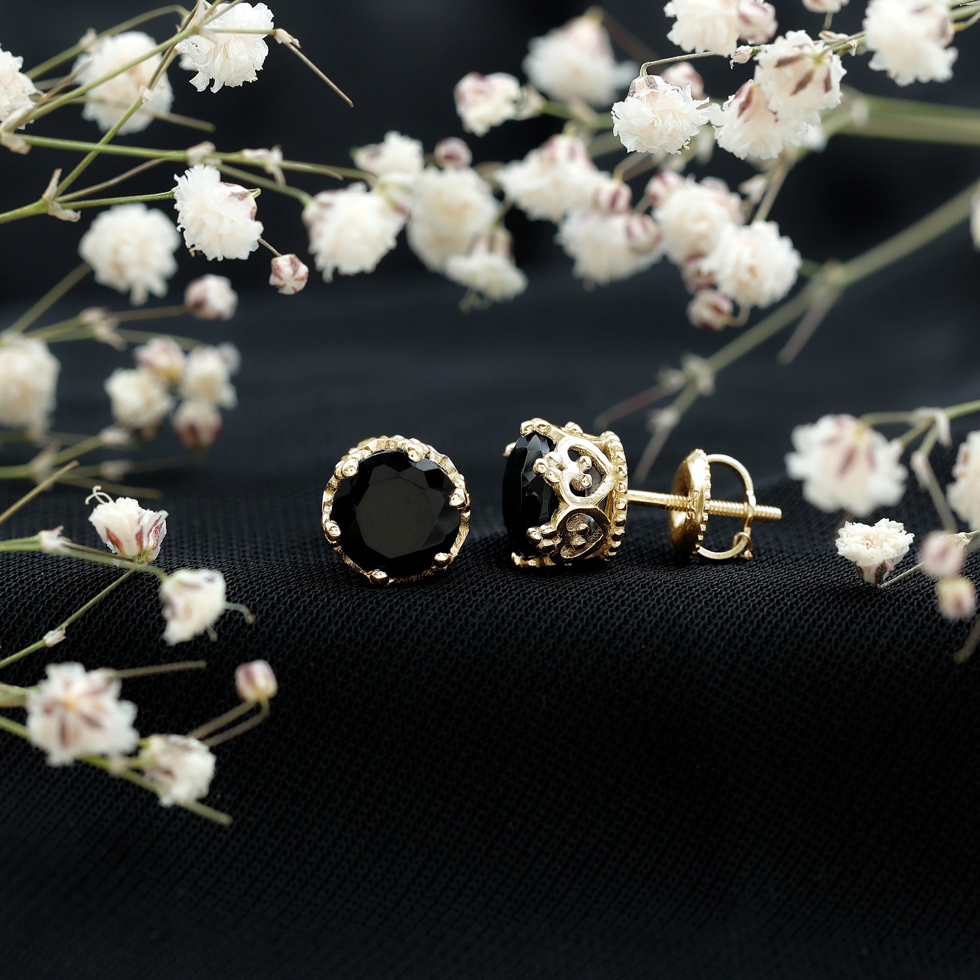 Black Onyx Stud Earrings – Genuine Round Stone Crown Setting with Screw Back Closure