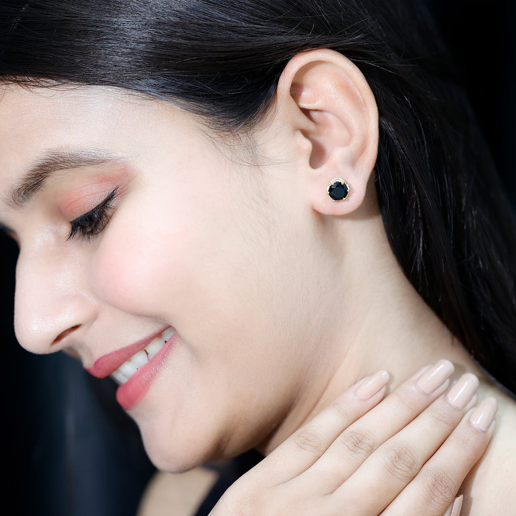 Black Onyx Stud Earrings – Genuine Round Stone Crown Setting with Screw Back Closure