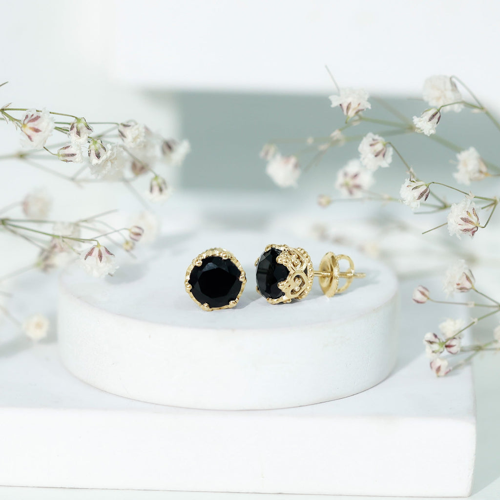 Black Onyx Stud Earrings – Genuine Round Stone Crown Setting with Screw Back Closure