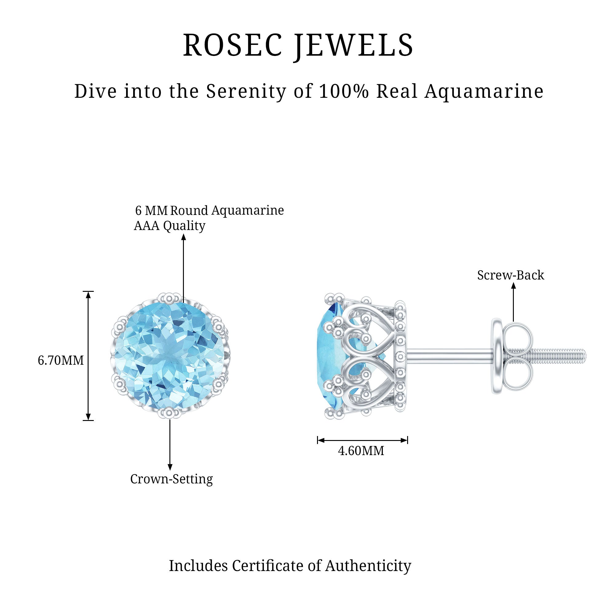 Aquamarine Stud Earrings – 1.6 Carat AAA Grade Blue Gemstone Solitaire Studs