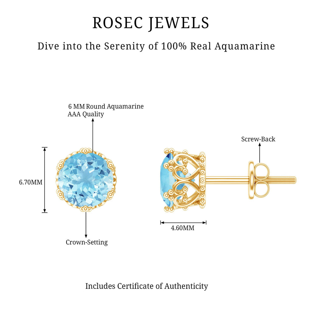 Aquamarine Stud Earrings – 1.6 Carat AAA Grade Blue Gemstone Solitaire Studs