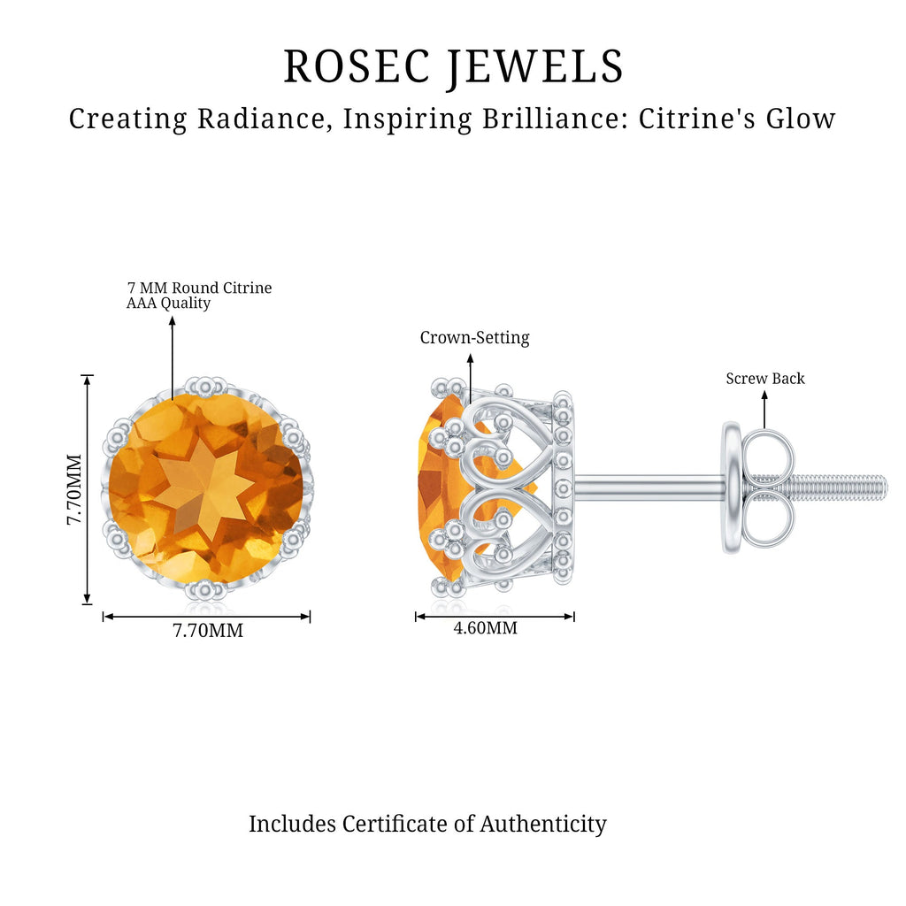Certified Real 2.4 Carat Citrine Crown Earrings with Screw Back