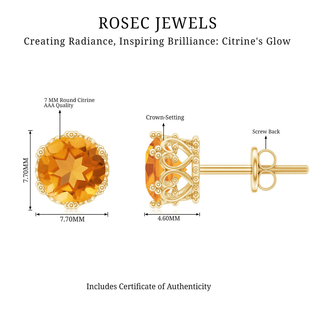 Certified Real 2.4 Carat Citrine Crown Earrings with Screw Back