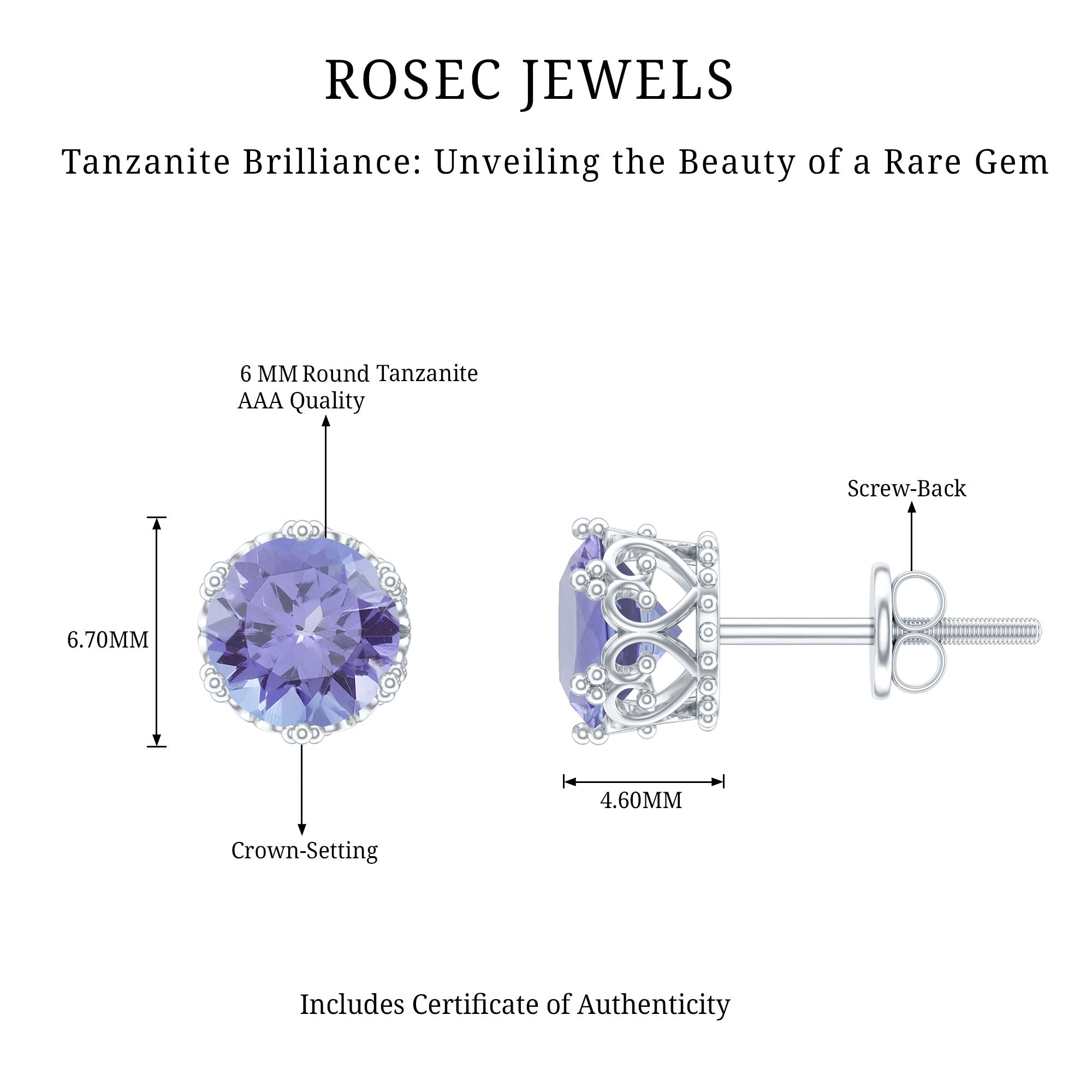 Natural 1 Carat Tanzanite Crown Stud Earrings with Screw Back