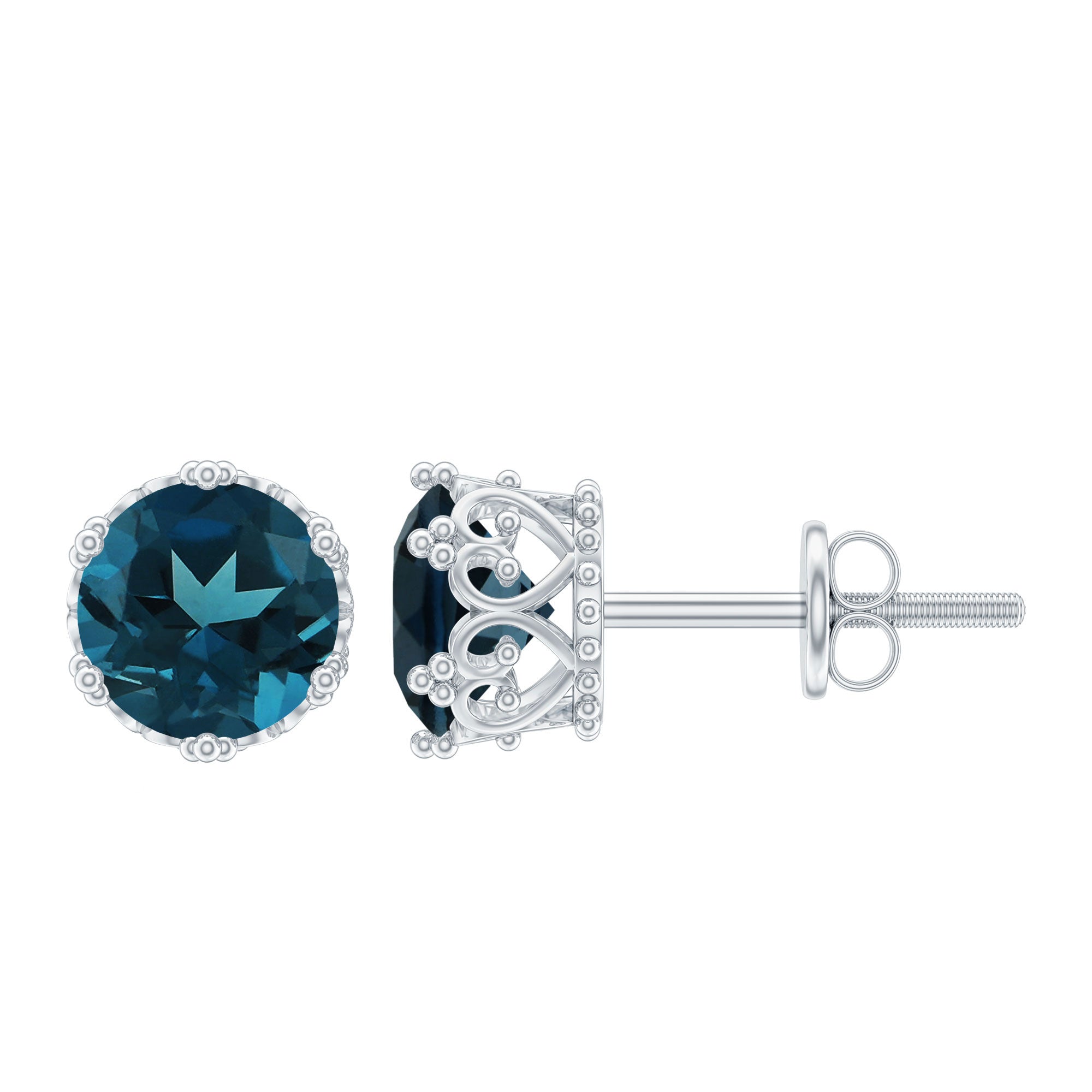 London Blue Topaz Earrings – 2.7 Carat Round Cut Crown Setting Studs