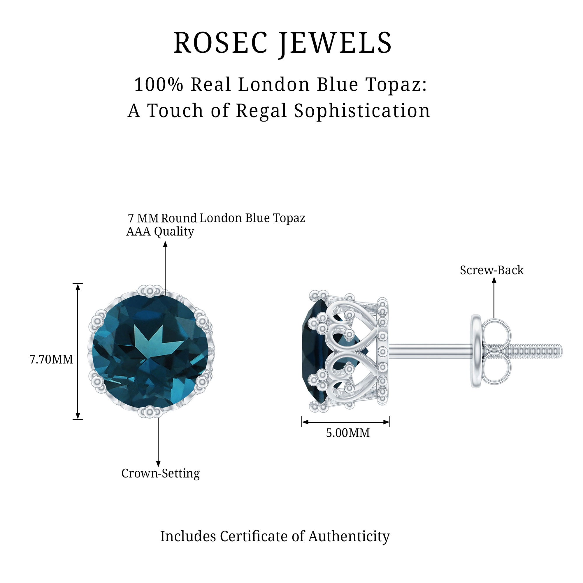 London Blue Topaz Earrings – 2.7 Carat Round Cut Crown Setting Studs