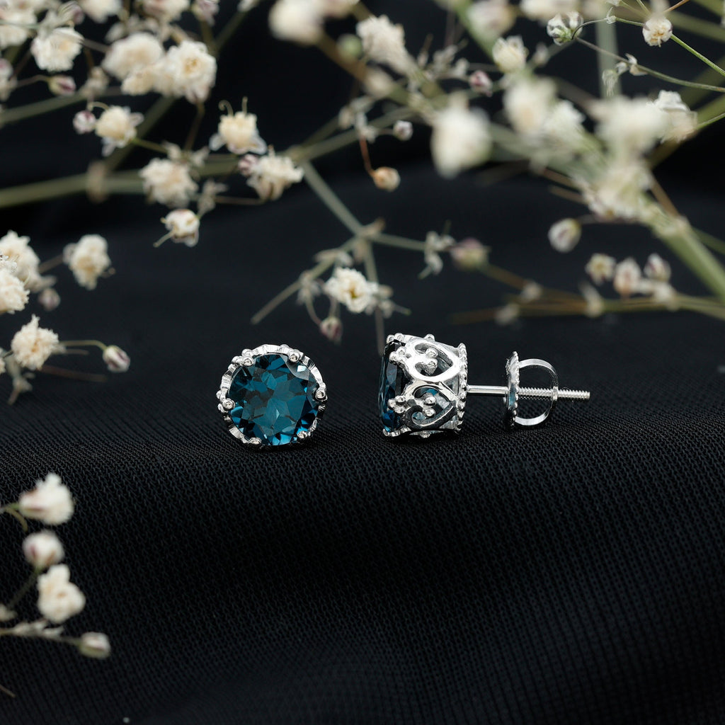 London Blue Topaz Earrings – 2.7 Carat Round Cut Crown Setting Studs