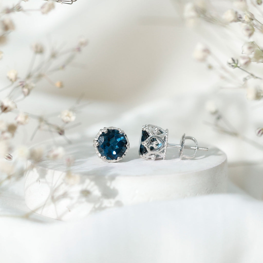 London Blue Topaz Earrings – 2.7 Carat Round Cut Crown Setting Studs