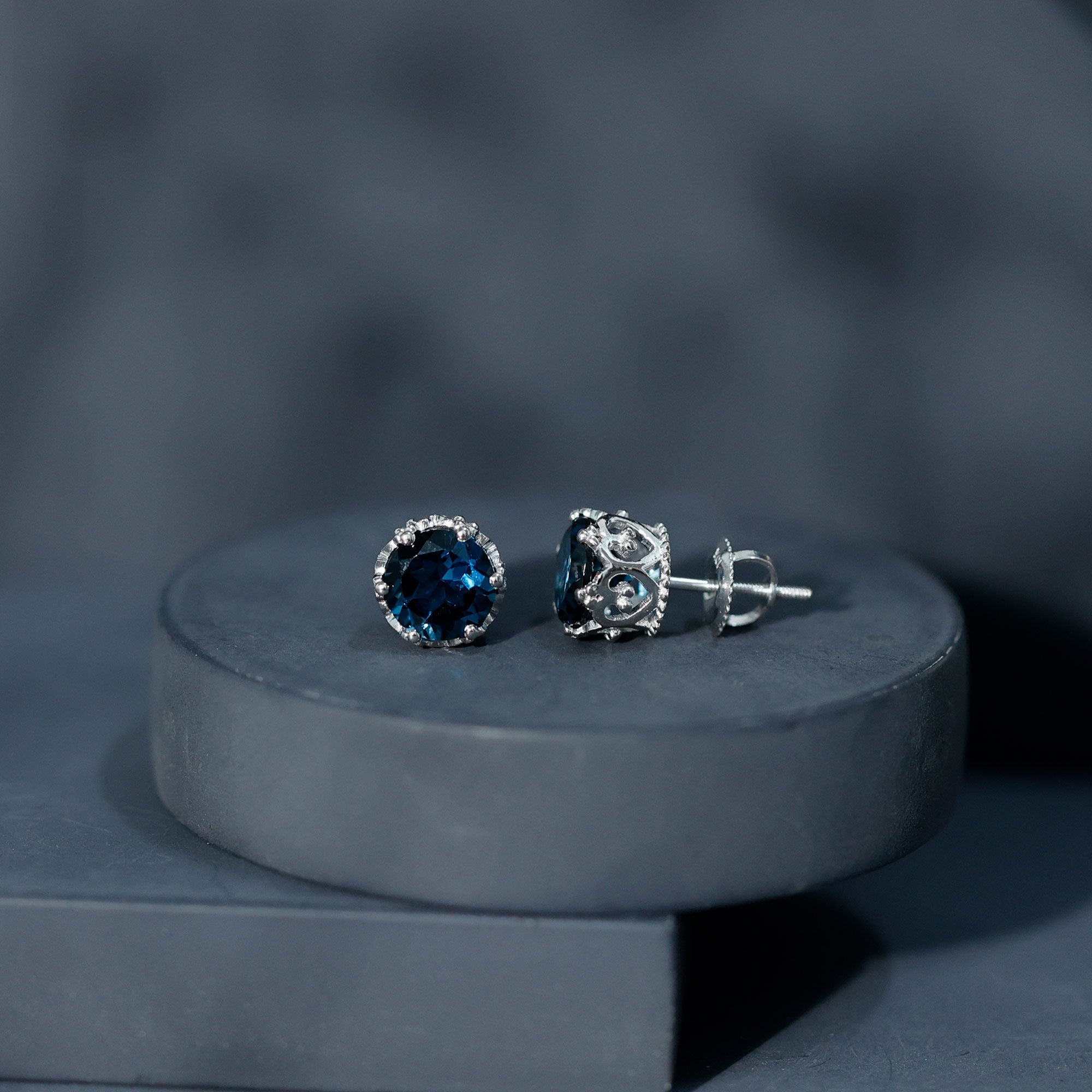 London Blue Topaz Earrings – 2.7 Carat Round Cut Crown Setting Studs