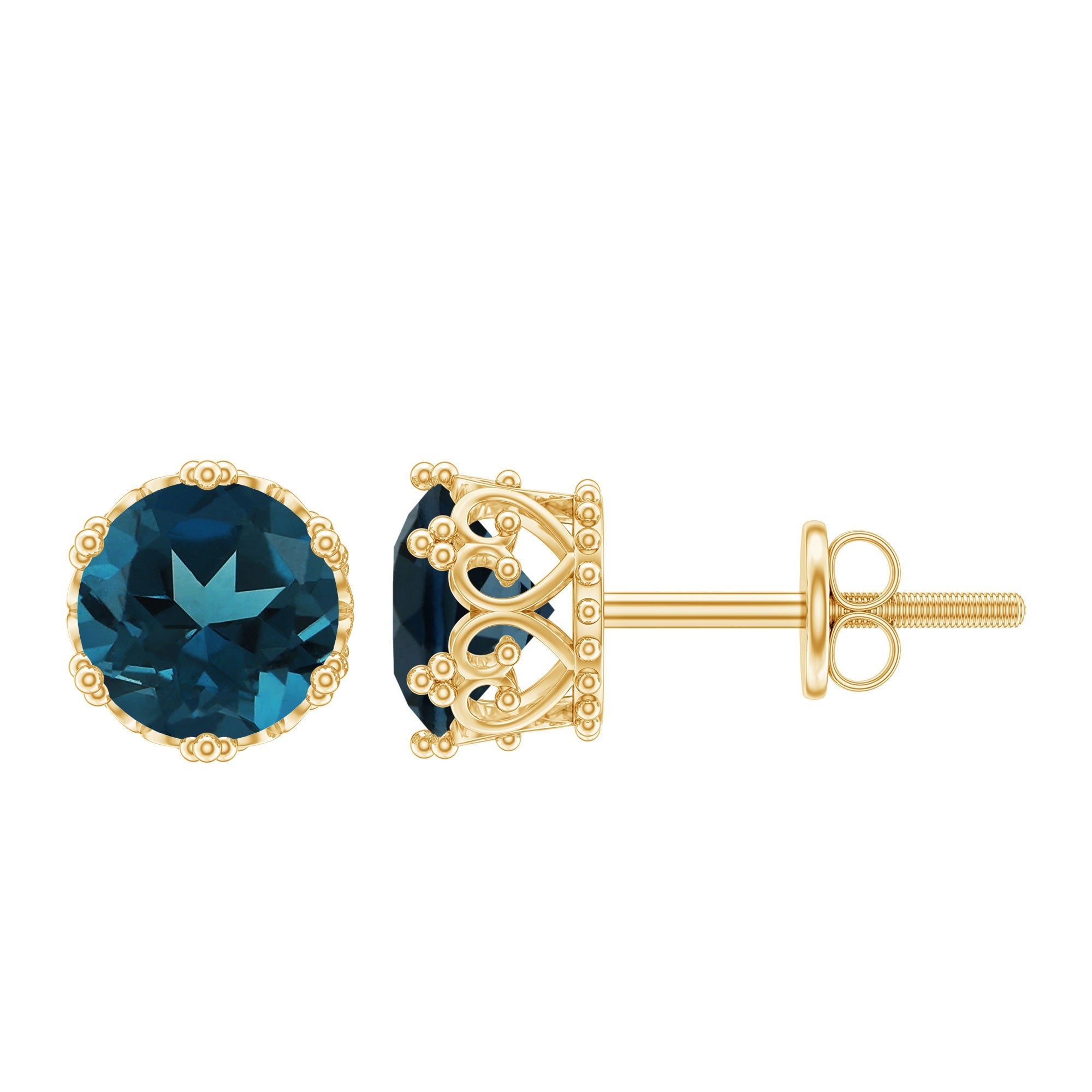 London Blue Topaz Earrings – 2.7 Carat Round Cut Crown Setting Studs